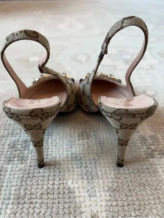 Gucci Brown GG Canvas Horsebit Slingback Heels - Picture 3 of 6